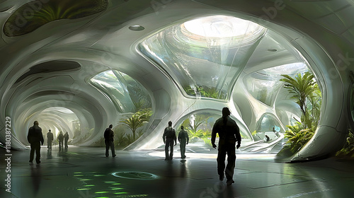 Fototapeta Naklejka Na Ścianę i Meble -  Futuristic interior, people walking, bioluminescent plants, spacious atrium.