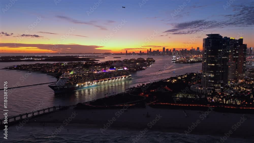 Cinematic drone shot of Miami vibrant skyline at sunset twilight with majestic ocean cruise liner departing for an unforgettable, luxurious holiday getaway amidst the citys distinctive coastal beauty Cinematic drone shot of Miami vibrant skyline at sunset twilight with majestic ocean cruise liner departing for an unforgettable, luxurious holiday getaway amidst the citys distinctive coastal beauty