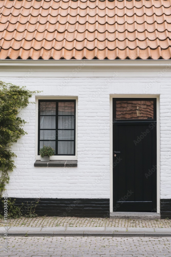 Naklejka premium A delightful white house featuring a striking black door and windows is nestled amidst lush greenery in a serene residential neighborhood, basking in the daylight