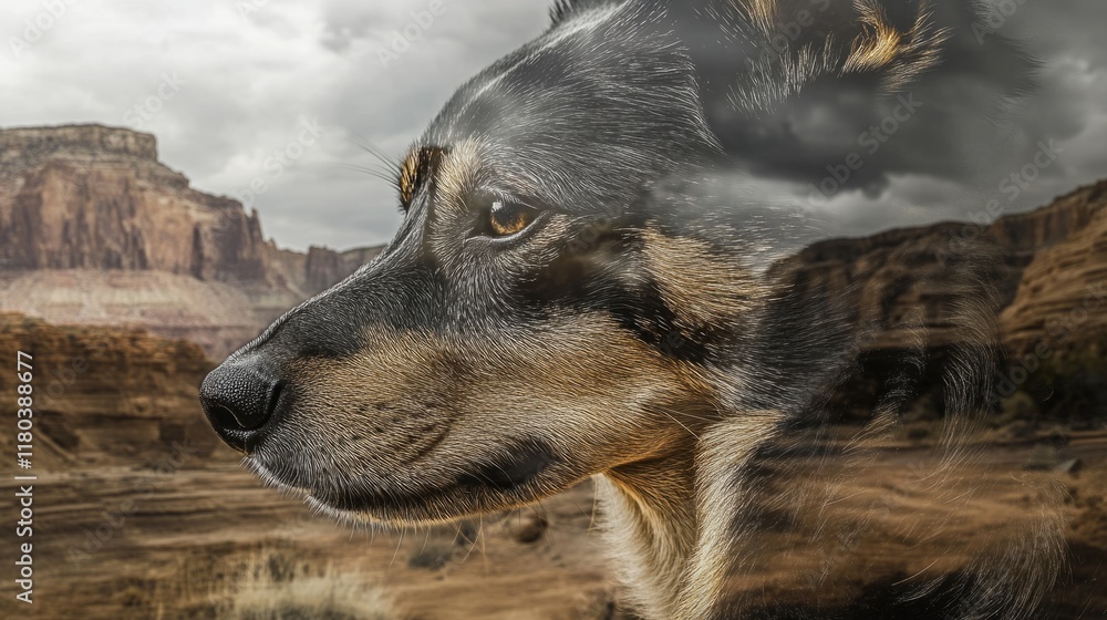Fototapeta premium Layered composition of a terrier's face and rocky canyon mountains, generative ai