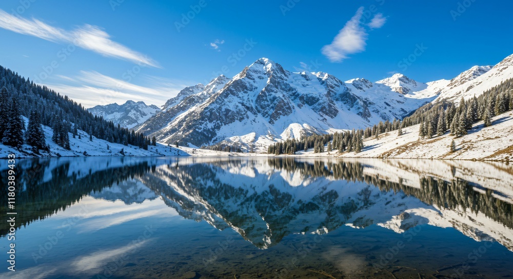 A serene mountain lake reflecting the surrounding snowy peaks under a clear blue sky A serene mountain lake reflecting the surrounding snowy peaks under a clear blue sky