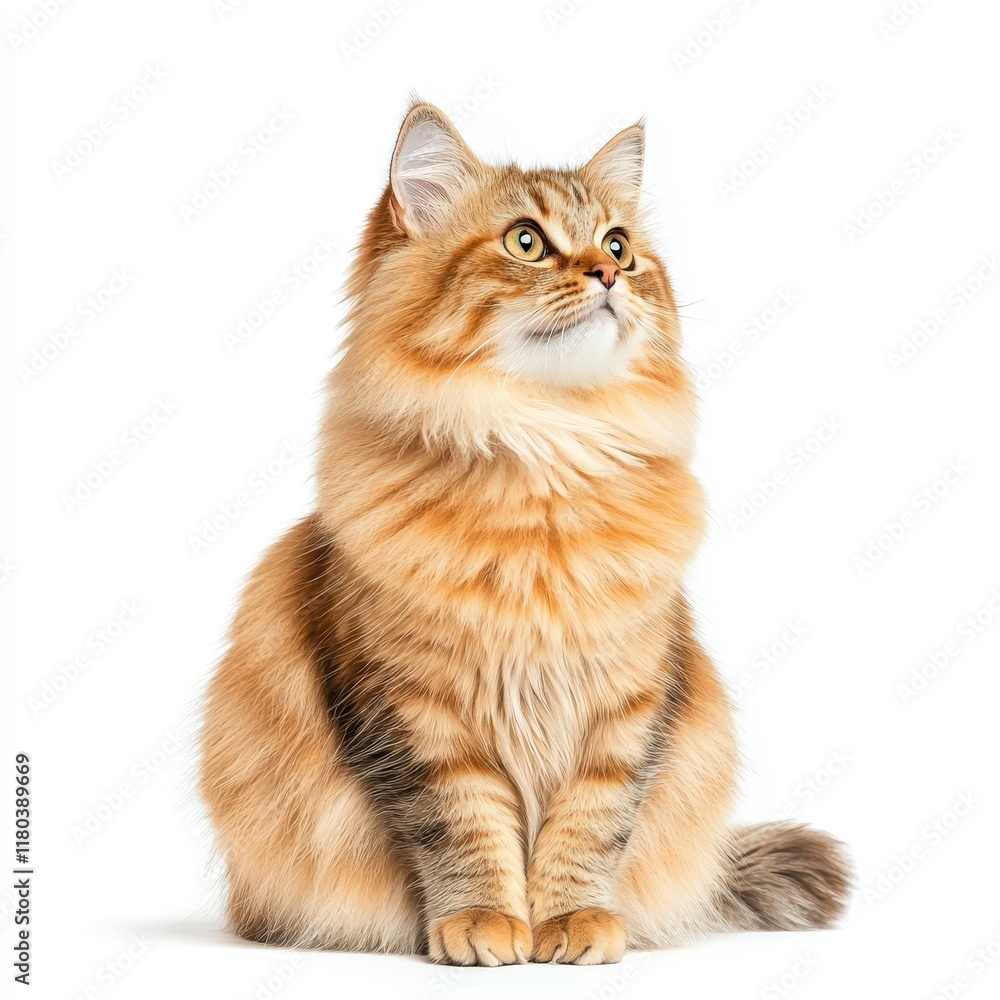 Fototapeta premium A fluffy, golden-furred Somali cat sits gracefully, gazing upwards with curiosity. Perfect for animal lovers and pet enthusiasts.