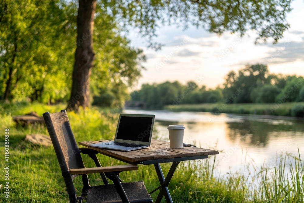 Fototapeta premium Riverbank laptop work sunset nature