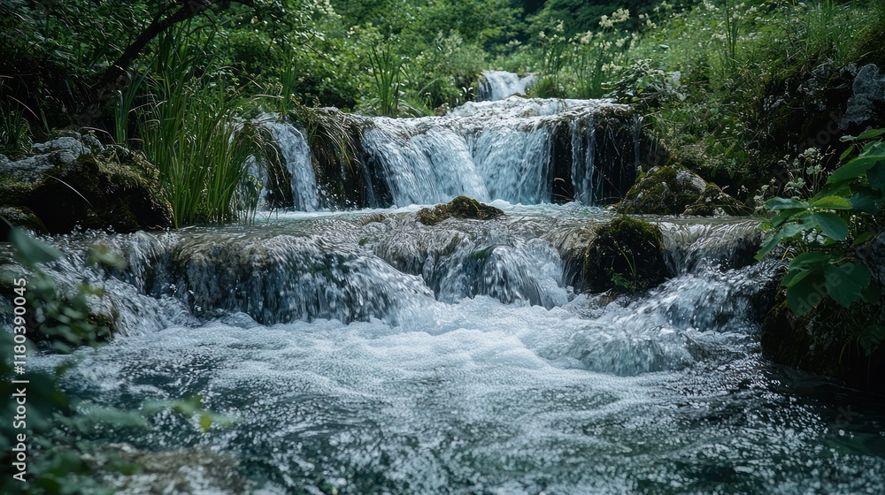 Fototapeta premium Lush forest waterfall cascading over rocks, nature background, tranquility scene