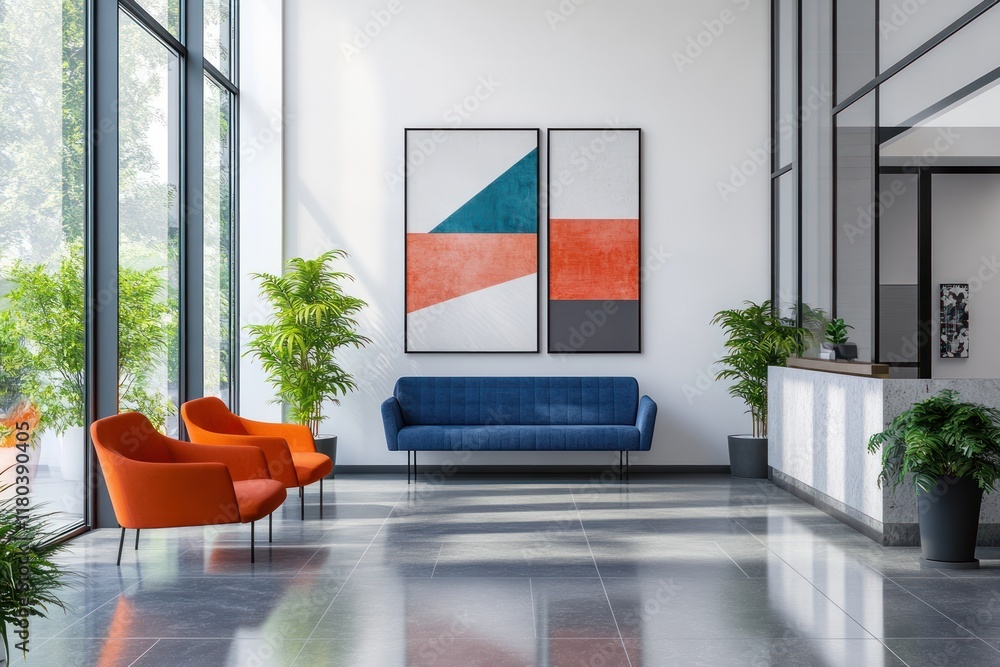 Modern office lobby waiting area with plants, sunlight, and abstract art Modern office lobby waiting area with plants, sunlight, and abstract art