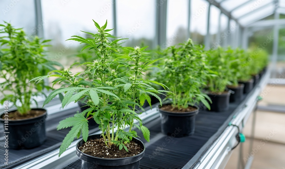 Greenhouse filled with potted cannabis plants for cultivation. Greenhouse filled with potted cannabis plants for cultivation.