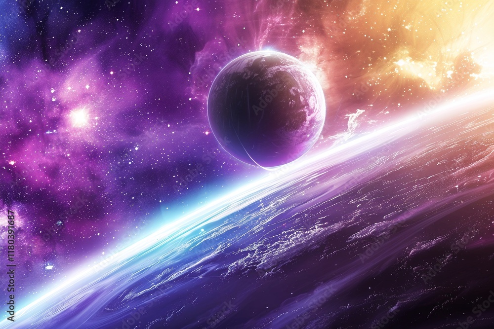Obraz premium A breathtaking view of a vibrant purple and orange nebula with a large planet in the foreground. Cosmic wonder!