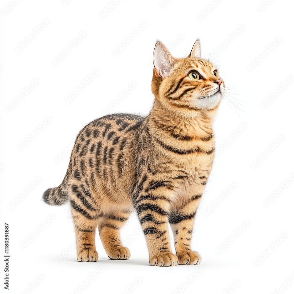 Fototapeta premium A majestic domestic Savannah cat with a spotted coat, poised and curious, showcasing its playful nature and unique patterns.
