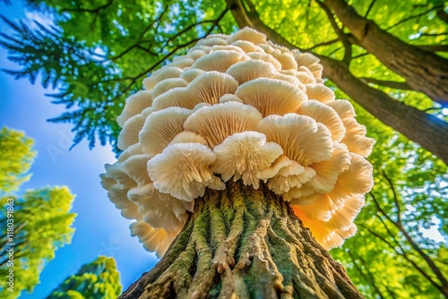 Panoramic View of Rare Hericium cirrhatum (Tiered Tooth Fungus) High in Oak Tree photo