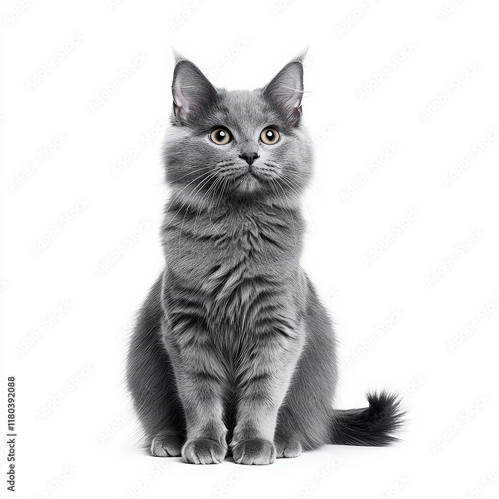 Obraz premium A majestic gray Nebelung cat sits gracefully, showcasing its soft fur and captivating gaze against a clean white background.
