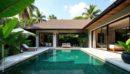 Wallpaper Mural Lush greenery surrounds a serene tropical pool villa with a modern design and large windows, landscape, design Torontodigital.ca