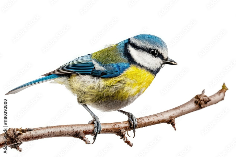 Obraz premium Sharp Picture of Cute Blue Tit Bird on a Branch, Isolated on White