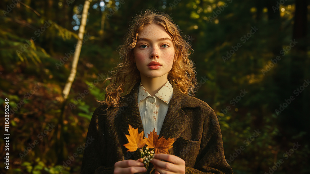 Fototapeta premium A woman is holding a leaf in her hand while standing in a forest