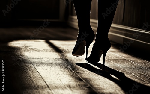 Noir-style high contrast shot of woman legs in heels, walking down a dimly lit hallway with shadows stretching across the floor.