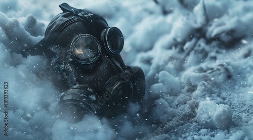 A gas mask half-buried in the snow.  A chilling image of winter's harshness. photo