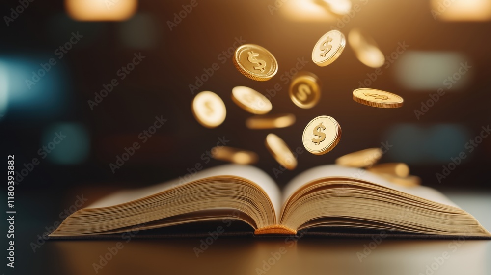 An open book with glowing coins floating above it, symbolizing knowledge and wealth, blends education with prosperity in a captivating visual. An open book with glowing coins floating above it, symbolizing knowledge and wealth, blends education with prosperity in a captivating visual.