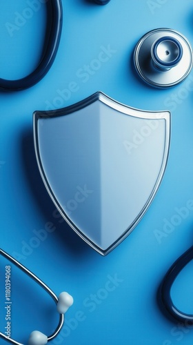 A shiny shield symbol with a stethoscope, representing health, protection, and safety in a medical context against a blue background.