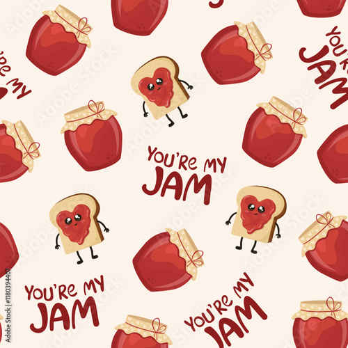 You're my jam seamless pattern. Cute cartoons of toast and jam pot.