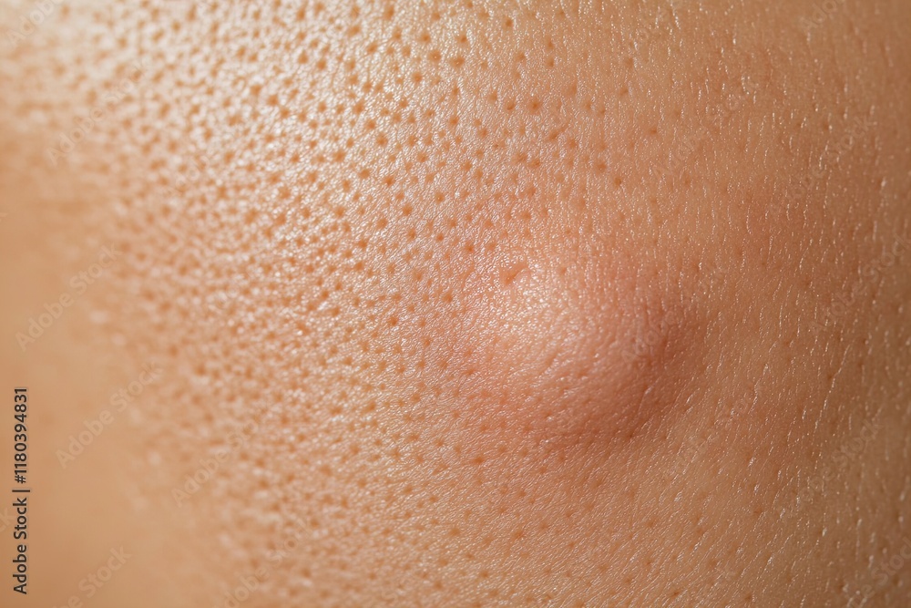Fototapeta premium Close-up view of textured skin with visible pores and a small blemish during natural light