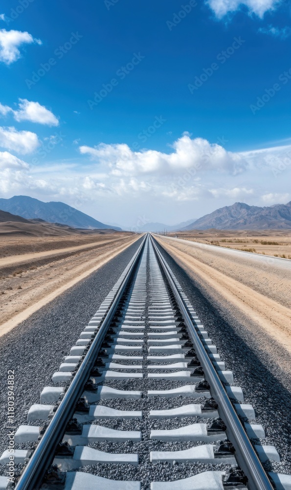 Fototapeta premium Scenic Perspective of Endless Railway Tracks Stretching Through Desert Landscape Under Clear Blue Sky