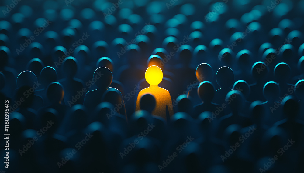 Obraz premium Unique yellow figure standing out in a crowd of blue figures