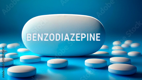 Benzodiazepine pill with the name printed on it, blue background photo