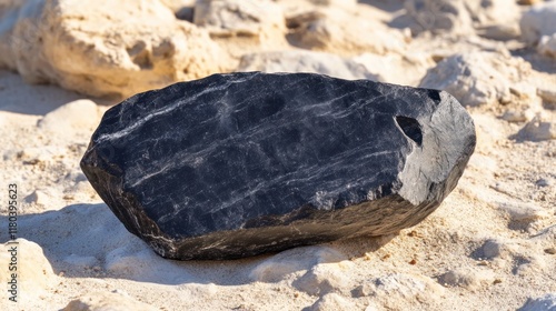 Stone tool from the Neolithic era, weathered by time, primitive chipping  photo