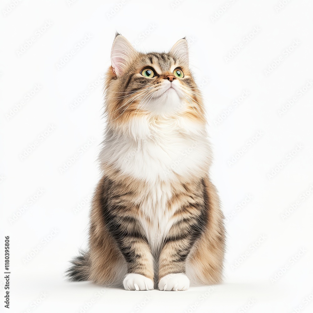 A stunning tabby RagaMuffin cat with striking green eyes, sitting gracefully and looking upward in a bright, minimalistic setting. A stunning tabby RagaMuffin cat with striking green eyes, sitting gracefully and looking upward in a bright, minimalistic setting.