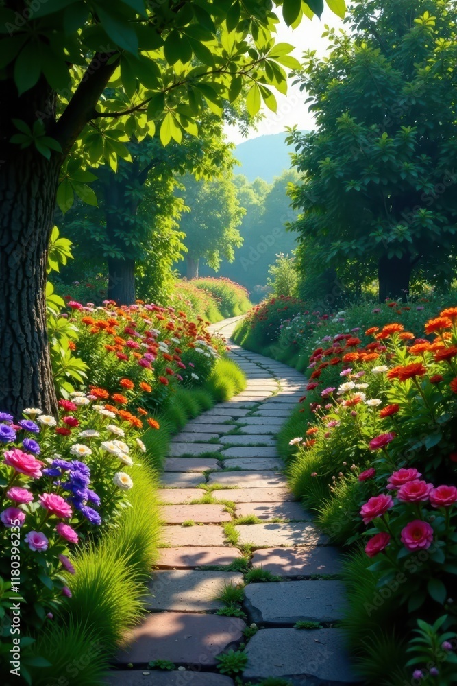 Winding stone path lined with lush greenery and vibrant flowers, nature, stone path