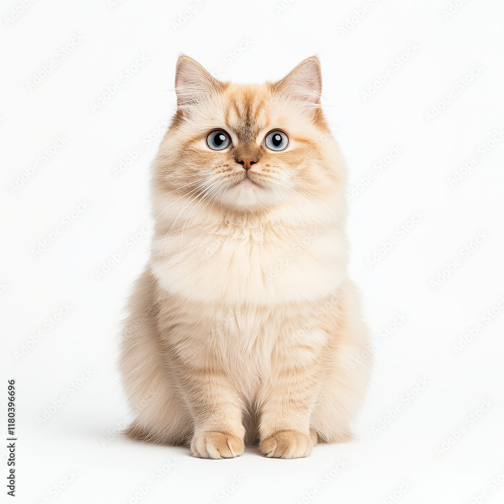Obraz premium Adorable fluffy British Longhair cat with bright blue eyes, sitting gracefully against a plain background, capturing the essence of playful companionship.