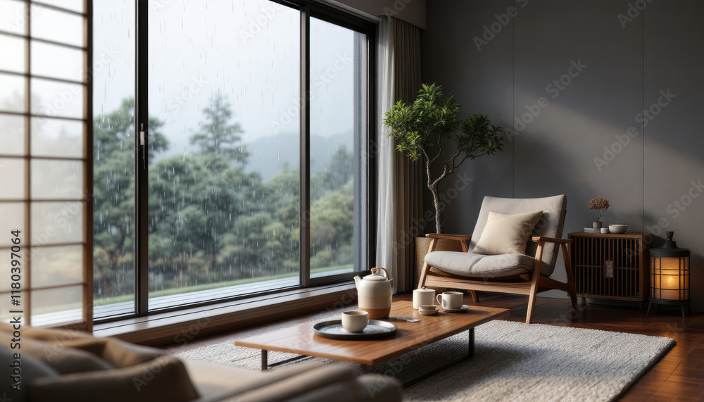 Japandi living room with a large window overlooking a forest, featuring a wooden coffee table, a chair, and a potted plant. Japandi living room with a large window overlooking a forest, featuring a wooden coffee table, a chair, and a potted plant.