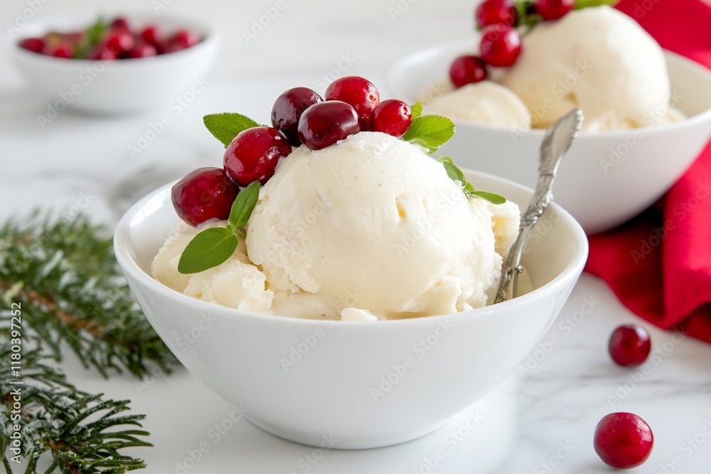A bowl of vanilla ice cream topped with cranberries and mint leaves. A bowl of vanilla ice cream topped with cranberries and mint leaves.