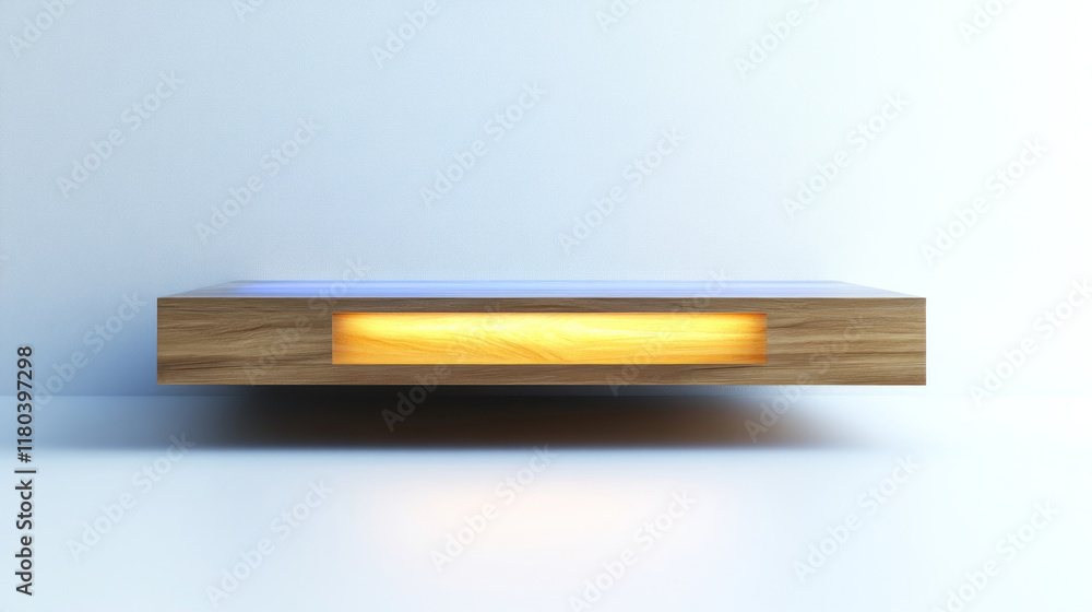 Obraz premium Modern minimalist wooden shelf with integrated warm light.