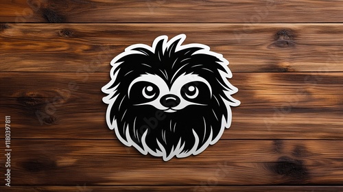 Adorable sloth face illustration on a rustic wooden background. Monochrome design with a playful touch. photo