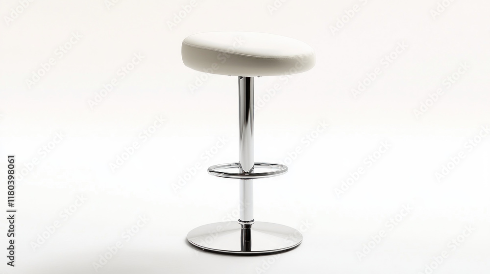 Modern white bar stool with chrome base and footrest. Modern white bar stool with chrome base and footrest.
