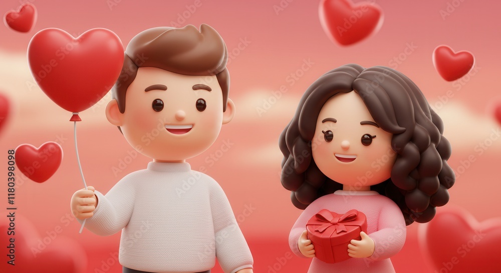 Naklejka premium Cute 3d cartoon couple with heart balloons celebrating love