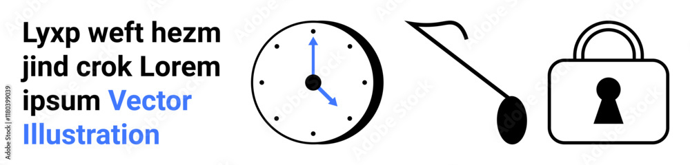 Clock with blue hands, a key, and a padlock next to placeholder text in black and blue. Ideal for security, time management, privacy, protection, keys schedules and digital concepts. Landing page
