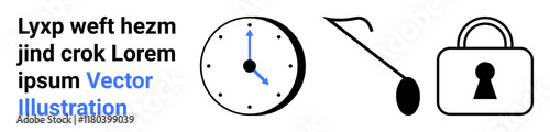 Clock with blue hands, a key, and a padlock next to placeholder text in black and blue. Ideal for security, time management, privacy, protection, keys schedules and digital concepts. Landing page