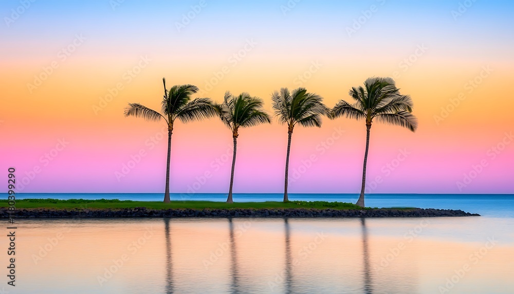 Obraz premium Serene sunset over a calm sea with palm trees reflecting on the water.