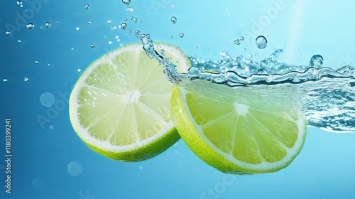 Fresh lime slices create mesmerizing splashes in crystal clear water. Generative AI