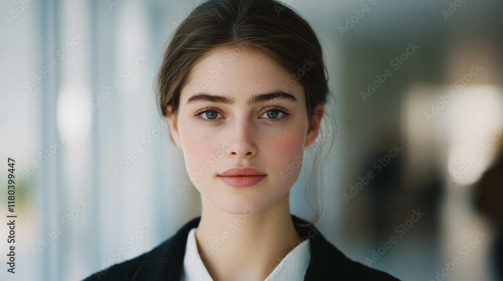 Fototapeta premium A poised young woman stands against a blurred background, her confident gaze capturing the essence of youth and sophistication in a subtle, serene ambiance.
