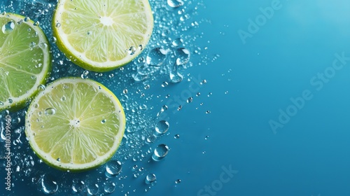 Refreshing lime slices float in sparkling water with bubbles and vibrant colors. Generative AI