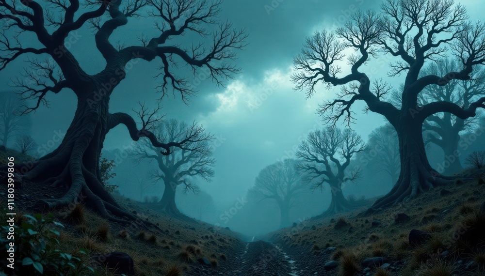 Fototapeta premium Gloomy forest landscape with twisted, gnarled trees and overcast sky, foliage, atmosphere