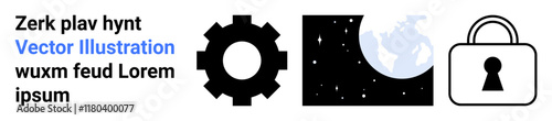 Gear representing engineering, globe highlighting global impact, lock symbolizing security and protection. Ideal for technology, innovation, globalization, security, development, industry