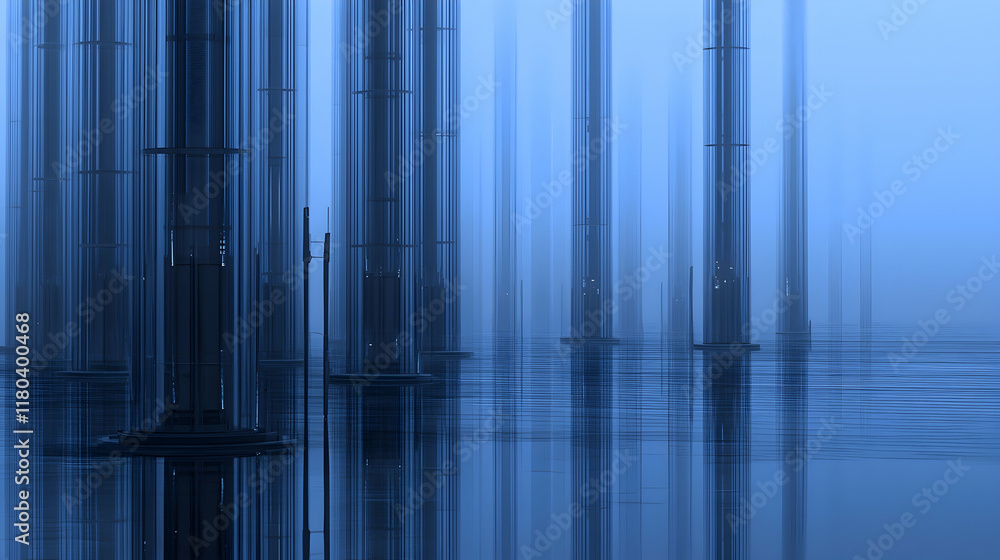 Obraz premium Futuristic city skyline reflected in still water, abstract digital art, conceptual background for technology or science.