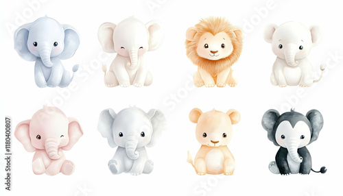 Fototapeta A collection of cute baby animals, each illustrated in a soft, pastel color palette on a white background. Featuring animals like baby elephants, lions, and pandas, this set is perfect for