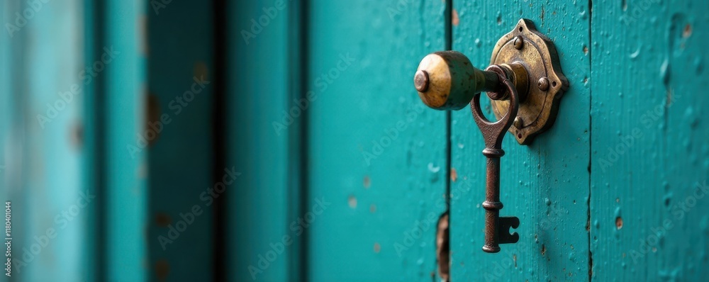 Old skeleton key hangs from wooden door with teal blue finish , keys, decor