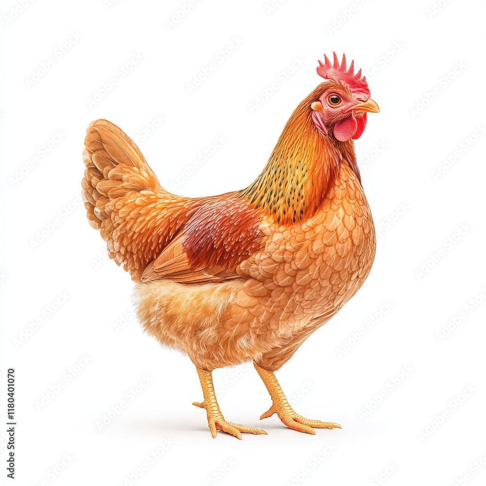 Fototapeta premium A beautiful brown Rhode Island Red chicken showcasing vibrant feathers, standing proudly against a simple background, ideal for farm and nature themes.