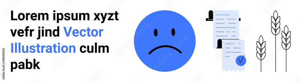 Fototapeta premium Blue sad face, two checked documents, and three wheat plants. Ideal for agricultural challenges, depression awareness, failure analysis, document checks, agribusiness, food security, educational