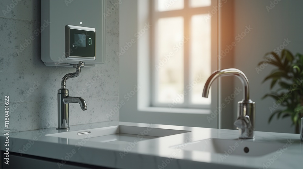 Closeup Water Heater In A Modern Bathroom With Mirror And Washbasin Sink Closeup Water Heater In A Modern Bathroom With Mirror And Washbasin Sink